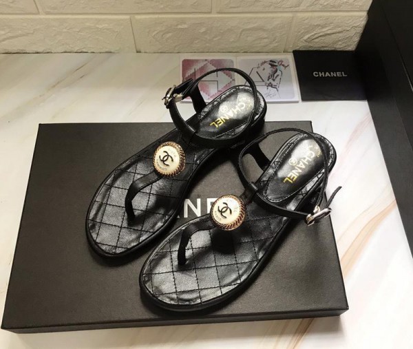 Chanel Women Thong Flat Sandals Black CHS-116