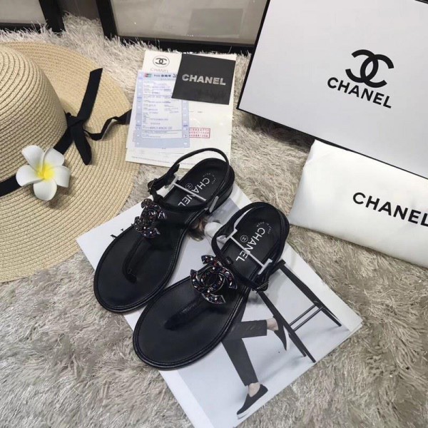Chanel Women Thong Flat Sandals Black CHS-136