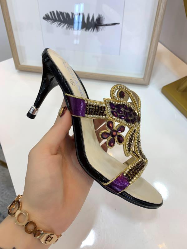 Chanel Women Mid Heel Mule Sandals Purple CHS-152