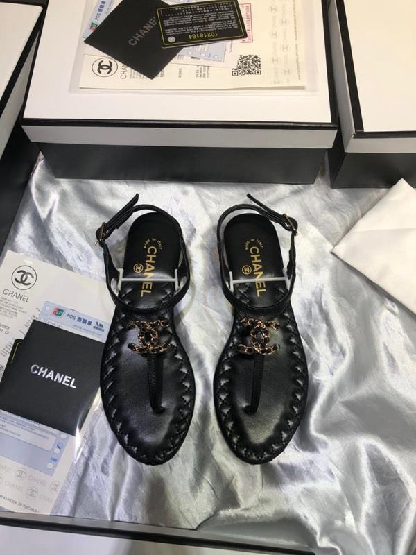 Chanel Women Thong Flat Sandals Black/Nude CHS-065