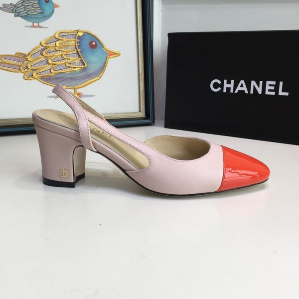 Chanel Women Mid Heel Slingback Pumps Nude Red CHS-074