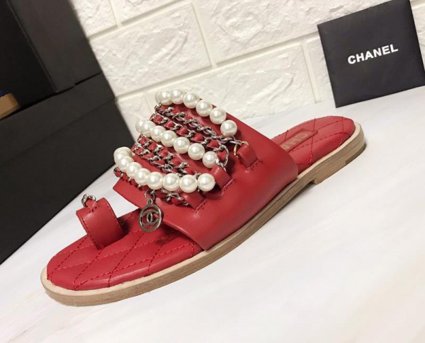 Chanel Women Slide Sandals Red CHS-083