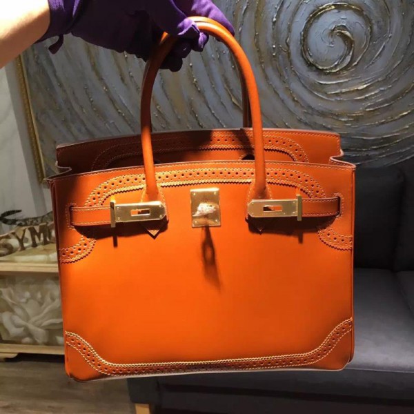 High Quality Limited Edition Hermes Birkin Ghillies 30cm Box Calfskin Bag Handstitched Gold Hardware, Tadelakt Fauve CK34 RS01179