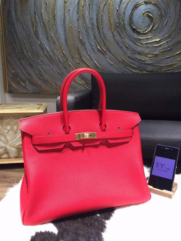 Fashion Hermes Birkin 35cm Taurillon Clemence Calfskin Leather Bag Gold Hardware Handstitched, Rouge Casaque Q5 RS08114