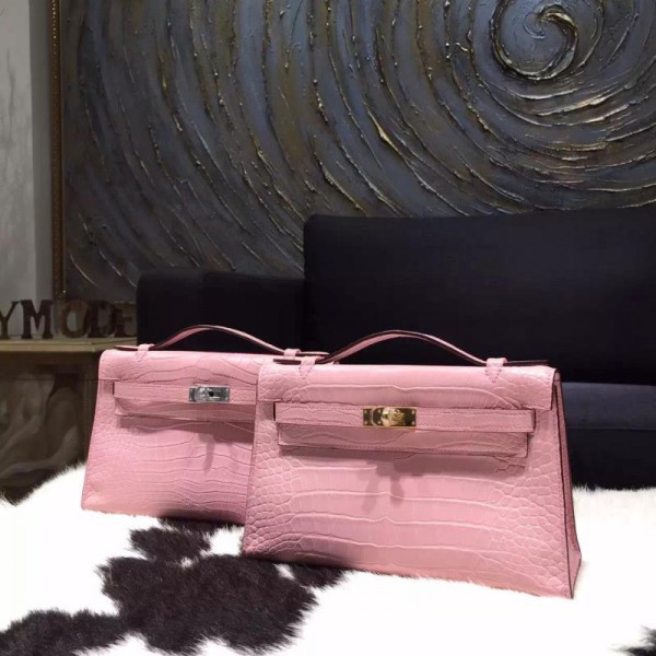 Hermes Mini Kelly Pochette 22cm Matte Alligator Crocodile Skin Handstitched, Pink 5P RS12565