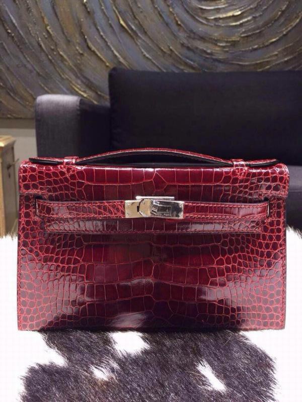 Cheap Hermes Mini Kelly Pochette 22cm CK57 Bordeaux Shiny Alligator Palladium RS09237