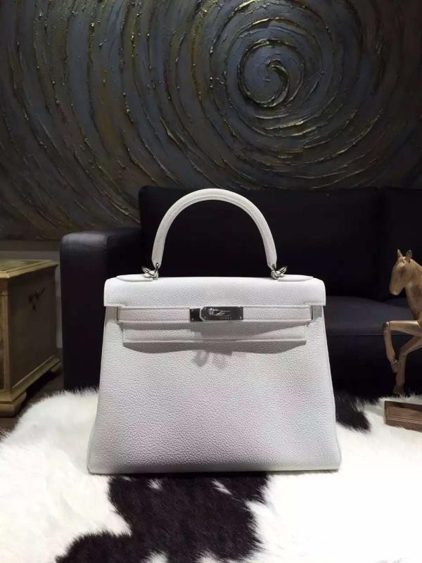 Hermes Kelly 28cm Togo Calfskin Bag Handstitched Palladium Hardware, Blanc White RS19203