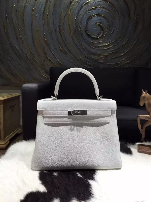 Hermes Kelly 28cm Togo Calfskin Bag Handstitched Palladium Hardware, Blanc/White RS20389