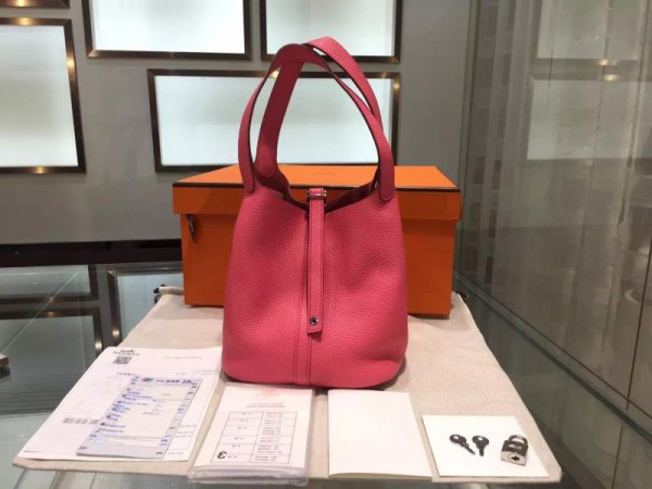 Hermes Picotin Lock 18cm Bag Taurillon Clemence Leather Palladium Hardware High Quality, Pink 5P RS09506