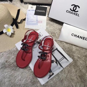Chanel Women Thong Flat Sandals Red CHS-137