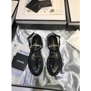 Chanel Women Thong Flat Sandals Black/Nude CHS-065