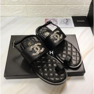 Chanel Women Flat Sandals Black CHS-097