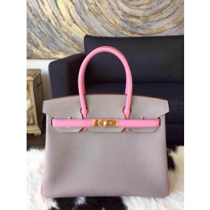 Replica Hermes Horseshoe Birkin Bi Color 30cm Togo Calfskin Handstitched, Gris Tourterelle CK81, Pink 5P RS19716