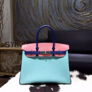 Fake Hermes Horseshoe Birkin 30cm Epsom Calfskin Bag Handstitched Palladium Hardware, Rose Confetti 1Q/Blue Atoll 3P/Electric Blue 7T RS05845