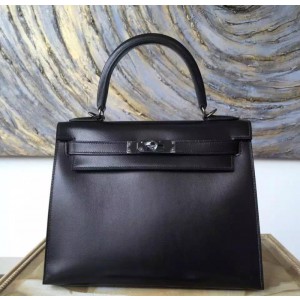 Limited Edition Hermes Kelly 28cm Box Calfskin Original Leather Bag Handstitched, SO BLACK RS09188
