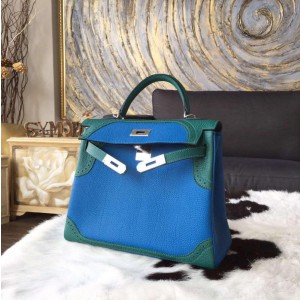 VIP Hermes Kelly Ghillies 28cm Togo Calfskin Leather Bag Handstitched Palladium Hardware, Mykonos 7Q/Malachite Z6 RS02762