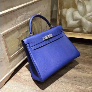 Copy Hermes Kelly 28cm Taurillon Clemence Bag Handstitched Palladium/Gold Hardware, Mykonos 7Q RS13375