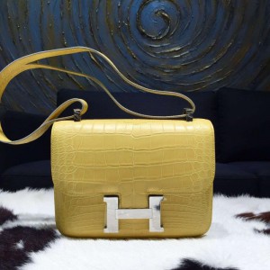Cheap Hermes Constance 23cm Matte Alligator Crocodile Original Leather Handstitched Palladium Hardware, Mimosa M9 RS20792