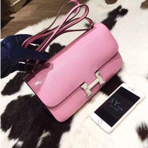 Fake Hermes Constance Elan 26cm Lizard Skin Palladium Hardware Handstitched, Pink 5P RS17964