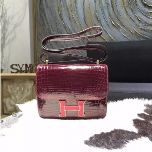Customized Hermes Mini Constance 18cm Shiny Alligator Crocodile Original Leather Fully Handstitched Lizard Marquette, Bourgogne F5/Rouge Moyen RS20183
