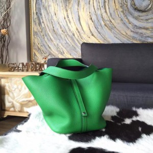 Best Hermes Picotin Lock 18cm/22cm Taurillon Clemence Calfskin Bag Handstitched Palladium Hardware, Bambou 1K RS14529