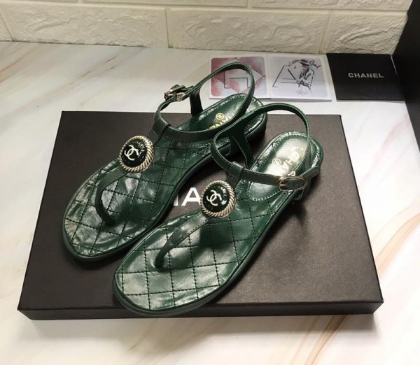 Chanel Women Thong Flat Sandals Green CHS-118